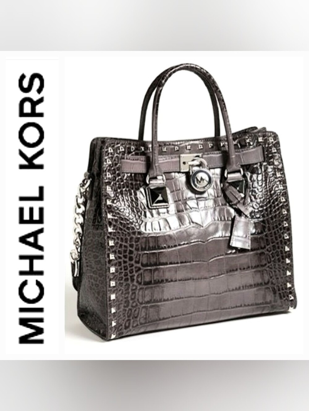 Michael Kors Lrg Hamilton Tote Croc-Embossed Leather Charcoal Grey Pyramid Studs